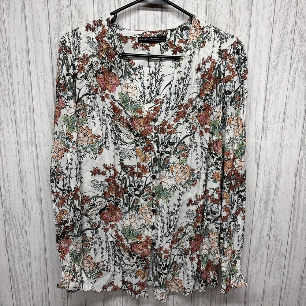 Womens Size S Peruvian Connection Button Down Floral Blouse EUC